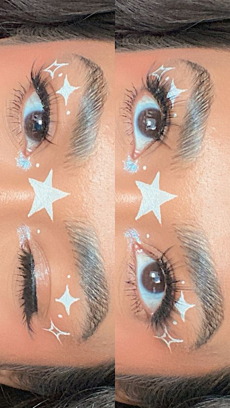 White Eyeliner Looks Aesthetic, Cute Graphic Makeup, New Years Graphic Eyeliner, Lavender Graphic Liner, Metallic Graphic Liner, Easy Space Makeup, Halloween Graphic Liner Makeup, Firework Eyeliner, Cute Star Makeup