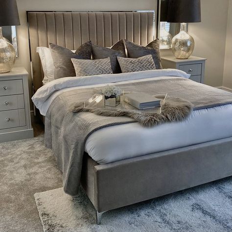 Gray And Beige Bedroom, Champagne Bedroom, Grey Velvet Bed, Grey And Gold Bedroom, Taupe Bedroom, Taupe Bedding, Silver Bedroom, Grey Headboard, Grey Bedroom Decor