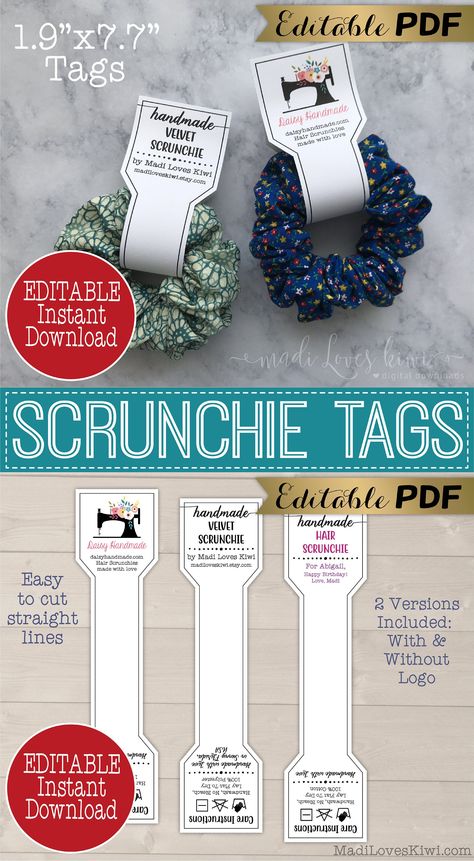 Sewing Tags Personalized, How To Package Scrunchies, Scrunchie Card Template, Scrunchies Label, Scrunchies Logo Design, Free Printable Scrunchie Tag Template, Scrunchies Business Logo, Scrunchies Size Chart, Tags For Scrunchies