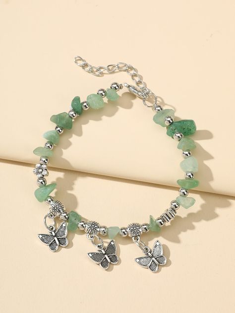 Green Fashionable   Stone  Beaded Embellished   Jewelry Green Bracelet Beads, Butterfly Bead Bracelet, Stone Keychain, Quinceanera Jewelry, Bracelets For Girls, Charm Beaded Bracelet, Bracelet Styles, Hijau Mint, Butterfly Charm Bracelet