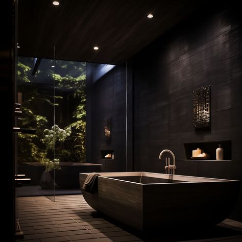 Visualize a bathroom where floating shelves combine functionality with style, providing storage solutions in a dark and visually appealing manner. Moody Luxury Bathroom, Dark Luxury Bathroom, Dark Bathroom Aesthetic, All Black Bathroom, Black Clawfoot Tub, Black Wainscoting, Dark Bathroom Ideas, Dark Bathroom, Cozy Colors