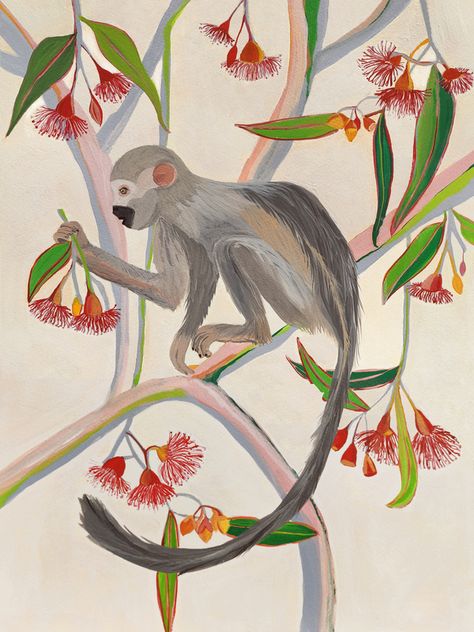 Monkey on gum tree at ArtfullyWalls, undefined Monkey Sitting, Jungle Animal Art, Monkey Wall Art, Monkey Drawing, Monkey Illustration, Quirky Prints, Gum Tree, Artfully Walls, Tropical Animals