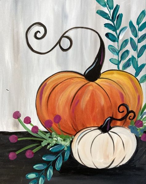 Thanksgiving Paintings Easy, Easy Fall Scenes To Paint, Fall Paint Ideas On Canvas, Thanksgiving Sip And Paint Ideas, Pumpkin Fall Painting, Whimsical Fall Paintings, Pumpkin Painting Ideas Canvases Easy, Beginner Fall Painting Ideas, Paint And Sip Ideas Step By Step Fall