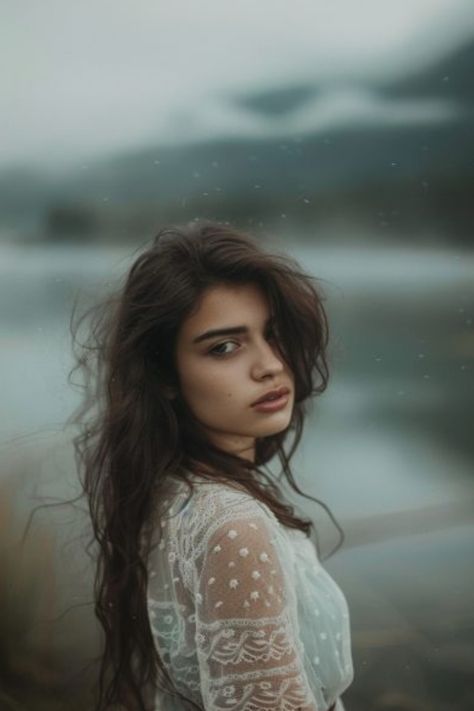 A pensive young woman with long hair standing in a misty, natural landscape. Nature, Lake Photoshoot Summer, Lake Photo Ideas, Lake Photoshoot Ideas, Fantasy Lake, Spring Photoshoot Outfits, Photoshoot Moodboard, Lake Photoshoot, Dreamy Aesthetic