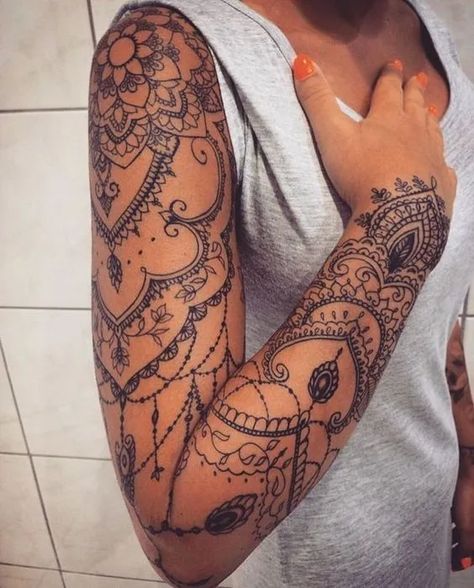 40+ Lace Tattoo Ideas to Add The Beauty of Laces To Your Life - Blurmark Tato Mandala, Lace Sleeve Tattoos, Mandala Arm Tattoos, Tato Suku, Mandala Sleeve, Floral Mandala Tattoo, Womens Tattoo, Mandala Tattoo Sleeve, Sanskrit Tattoo