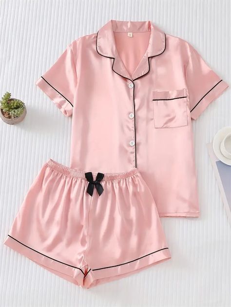 Solid Satin Pajamas Set Short Sleeve Buttons Top Bow Shorts - Temu Pink Silk Pajamas, Satin Pajamas Set, Silk Pjs, Pyjama Satin, Cute Pajama Sets, Seluar Pendek, Bow Shorts, Traje Casual, Cute Pajamas