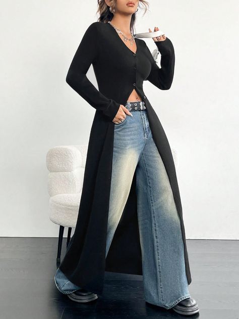 Black Casual Collar Long Sleeve Knitwear Plain  Embellished Slight Stretch  Women Clothing Manolo Outfit, Long Black Cardigan Outfit, Black Cardigan Outfit, Nyc Outfit Ideas, Lucky Daye, Long Cardigan Outfit, Extra Long Cardigan, Uni Fits, Casual Trendy Outfits