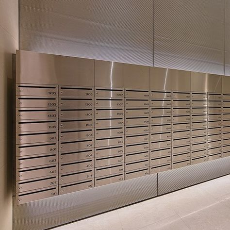 Safety Deposit Box Ideas, Mail Box Design, Post Office Design, Post Box Design, Apartment Mailbox, Apartment Mailboxes, Office Mailboxes, Letter Box Design, Residential Mailboxes