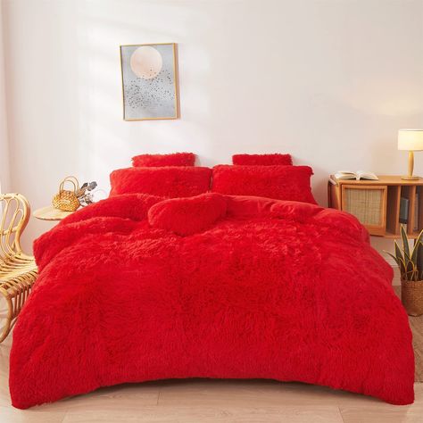 Red Bed Set, Fluffy Bed Set, Red Comforter Sets, Red Bedding Sets, Red Bed, Red Comforter, Fur Comforter, Faux Fur Bedding, Fluffy Comforter