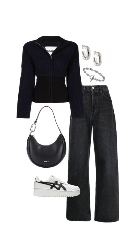 A comfortable but put together outfit. Black jeans, navy blue jacket, black leather bag and white sneakers. Silver accessories. Outfit Png Aesthetic, Hnm Outfits, Black People Outfits, Stylish Outfits Black, Black Hair Outfit, Outfit Ideas Png, Silver Png, Outfits Png, Png Outfits