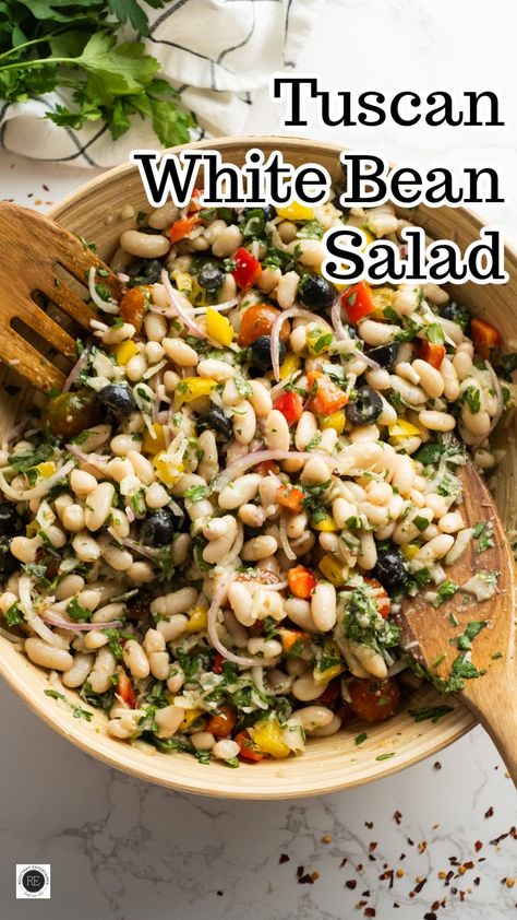 Lemon Basil Three Bean Salad, Northern Bean Salad Recipe, Italian Bean Salad Recipes, Salad With Beans Recipes, Dinners That Reheat Well, Italian Bean Salad, Cold Bean Salad Recipes, Tuscan Vegetables, Tuscan White Bean Salad