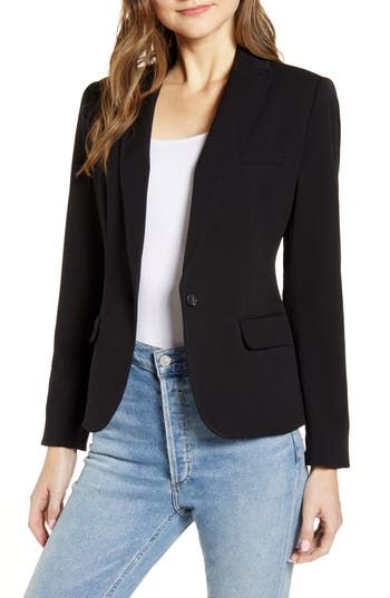 Make boss moves in this structured blazer full of workday polish. 25 1/2" length (size 8) One-button closure Notched lapels Chest welt pocket; decorative pocket flaps Lined 63% polyester, 33% rayon, 4% spandex Dry clean Imported Point of View Polish Style, Womens Business Attire, Boss Moves, Black Blazer Outfit, Long Blazer Jacket, Structured Blazer, Work Blazer, Blazer Jackets For Women, Ladies Blazer