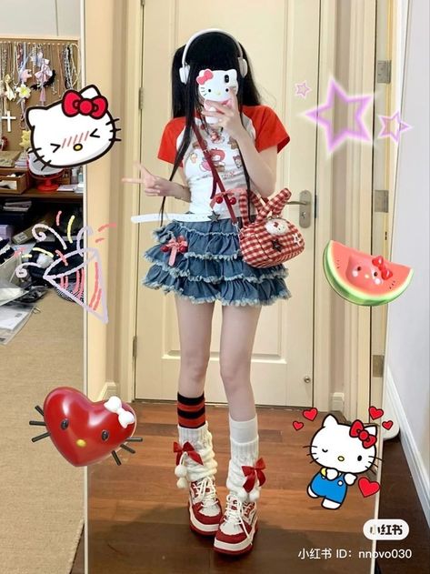 Kawaii Clothes For Summer, Hello Kitty Inspo Outfit, Kawaii Halloween Outfit, Purple Kawaii Outfits, Flutter Shy Inspired Outfits, Decora Aesthetic Outfits, Colorful Edgy Outfits, Hello Kitty Y2k Outfit, Sanrio Outfit Ideas