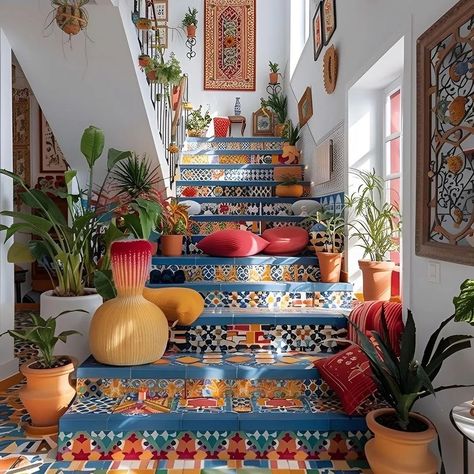 Spanish style staircases🧡 Which one is your favorite?✨️ Designed by @my_homely_decor #Colorfullnteriors #interiordesign #HomeGreenery#interiordecor #StaircaseGoals #EclecticHome #BohoChicDecor #TileArt #PlantLove #InteriorRainbow#HomedecorLovers #MediterraneanStyle#CreativeSpaces #BotanicalHome #spanishstyle#mosaictiles #MaximalistDecor #CozyCorner#Designlnspiration #HappyHomeVibes #spanishsteps#TilePerfection #indoorJungle #Boldinteriors#homedecor #ArtisticHome #DecorJoy #StaircaseStyle#Gr... Homely Decor, Staircase Styles, Stairway Decorating, Home Hall Design, Luminaire Mural, Artistic Home, Maximalist Decor, Indoor Jungle, Hall Design