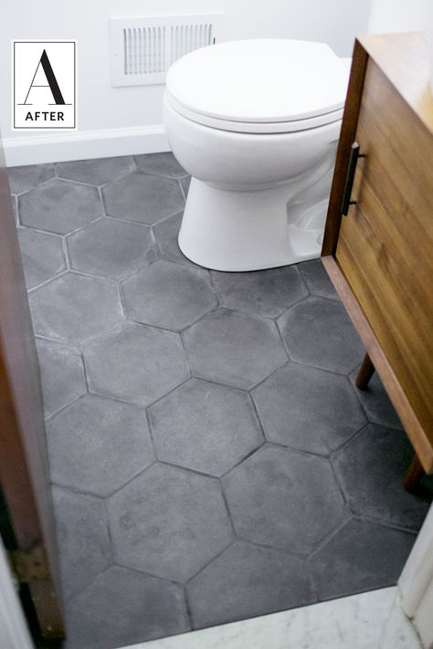 Gray Hex Tile Bathroom Floor, Small Powder Room Floor Tile, Gray Tiles For Bathroom, Dark Hexagon Tile Bathroom, Dark Bathroom Tile Floor, Hex Floor Tile Bathroom, Dark Tile Floor Bathroom, Hex Tile Bathroom Floor, Dark Bathroom Floor Tile