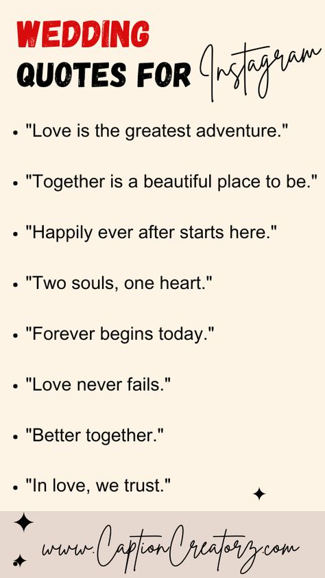 Embarking on the journey of marriage is a blend of romance, joy, and lifelong commitment. In this celebration of love, what better way to express the depth of your feelings than through heartfelt wedding quotes? Whether you are writing your vows, preparing a toast, or just seeking inspiration, these wedding quotes encapsulate the essence of love and partnership. #weddingideas #weddingquotes #instagramquotes Marriage Wishing Quotes, Journey Love Quotes, Wedding Text Quotes, Newly Wed Couple Quotes, Wedding Quotes For Signs, Wedding Phrases Short, Wedding Phrases Quotes, Love Quotes For Marriage, Wedding Anniversary Captions Instagram