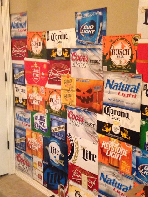 The perfect college apartment accent wall #FirstApartment #CollegeDecor #BeerWall #Beer Fraternity House Decor, Frat Room Ideas Colleges, College Apartment Decor Men, College House Decorations, Funny College Dorm Decor, Diy College Apartment Decor Crafts, Alcohol Room Decor, Funny College House Decor, Frat House Aesthetic Decor