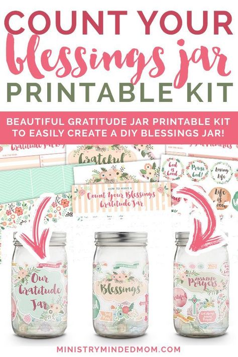 Count Your Blessings Gratitude Jar Printable Kit    Help you and your family learn how to have an attitude of gratitude by creating and using a blessings jar throughout the year. The kit includes all kinds of blessing jar printables like labels, stickers, cards, a gratitude log, memory keeper, and more. Grab your own Count Your Blessings Gratitude Jar printable kit and get started today! #gratitudejar #gratitude #blessingsjar #blessings #countyourblessings #christianfamily via @ministrymindedmom Blessings Jar Printable, Blessing Cards Free Printable, Blessing Jars Ideas, Blessing Party For Adults, Blessing Jar Ideas Free Printable, Blessings Jar Ideas, Blessing Jar Ideas, Prayer Jars For Women, Blessing Jar Printable