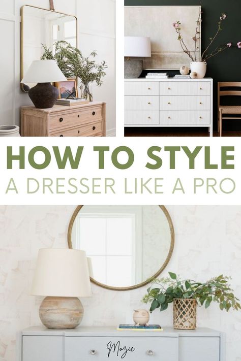 We're showing you exactly how to style a dresser six different ways! This is seriously the cutest dresser decor! Styling Dresser In Living Room, Wood Dresser Decor Bedroom, Functional Dresser Decor, Styling A Tall Dresser, How To Style A Tall Dresser, Minimal Dresser Decor, Dresser Decor Bedroom Ideas, Dresser Styling Ideas, Tall Dresser Styling