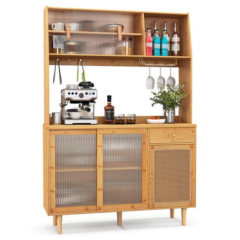 PRICES MAY VARY. [Plenty of Storage Space]: Our 69-inch cabinets provide you with extra large storage space, including 5 storage compartments with doors, 1 open shelf and 1 pull-out drawer. There are also 3 hooks and 1 wine glass holder for you to hang your glasses or spatulas. [Spacious Countertop]: This sideboard comes with a wide countertop, which is a great extension for your kitchen counter. You can prepare ingredients or place equipment on it, such as an oven, microwave, coffee maker, and Buffet Cabinet, Dining Room Cupboards, Bar Pantry, Free Standing Kitchen Cabinets, Cabinet Wine, Pantry Cupboard, Coffee Bars In Kitchen, Freestanding Kitchen, Tempered Glass Door