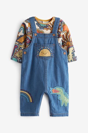 Blue Retro Appliqué 2 Piece Baby Denim Dungarees And Bodysuit Set (0mths-2yrs) Baby Mode, Tiny Clothes, Denim Dungarees, Baby Fits, Retro Baby, Cotton Bodysuit, Baby Colors, Baby Set