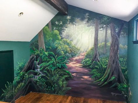 Forest Workout Room Mural - Morgan Mural Studios Mural Wall Art Forest, Wall Muriel Ideas, Mural Forest Painted, Fantasy Wall Murals Painted, Enchanted Forest Mural Painting, Woodland Mural Diy, Mural Art Ideas Inspiration Nature, Forest Wall Murals, Landscape Mural Ideas