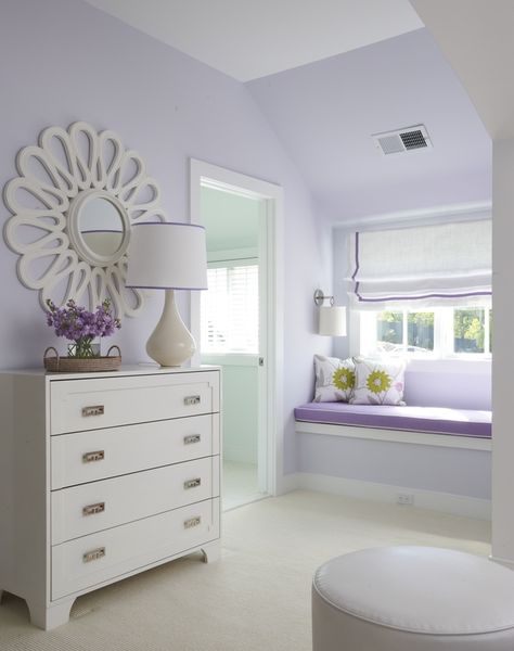 Inside A Preppy House with a Flair for Fun.   The Hardware on the chest could be used in the kitchen Girls Bedroom Purple Wall, Girls Bedroom Color Ideas Paint, Purple Wall Kids Bedroom, Bedroom Light Purple Walls, White And Light Purple Bedroom, Purple And White Kids Bedroom, Lilac Rooms Bedrooms, Purple Walls In Bedroom, Light Lavender Wall Paint