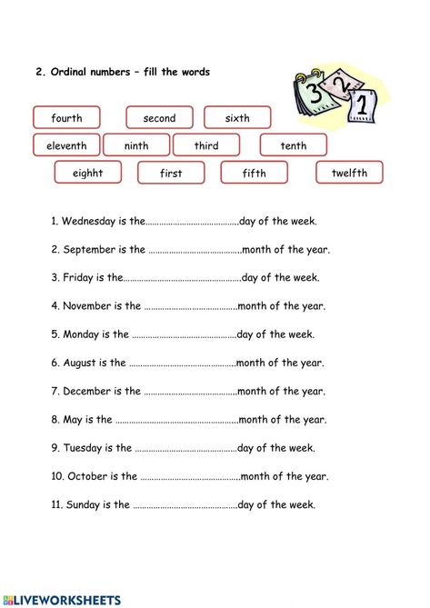 Ordinal numbers, days, months worksheet Learning Ordinal Numbers, Ordinary Numbers Worksheet, Ordinal Numbers Worksheets Grade 2, Months Worksheet For Kids, Ordinal Numbers Worksheets For Grade 1, Days And Months Worksheets, Ordinal Number Worksheet, Ordinal Numbers Activities, Month Worksheet