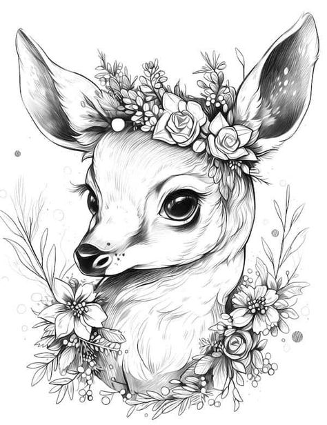 Flowers and deer coloring page Deer Coloring Pages, Mom Coloring Pages, Snowman Coloring Pages, Our Mindful Life, Hand Carved Walking Sticks, Scripture Coloring, Pencil Drawings Of Animals, Deer Pictures, Fairy Coloring Pages