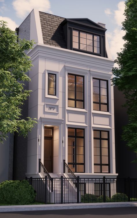 Townhouse Designs Architecture, Cute Apartment Building Exterior, French Row House, Apartment House Design Exterior, Nyc Townhouse Exterior, Nyc House Exterior, New York Townhouse Exterior, 3 Story House Exterior, London Townhouse Floorplan