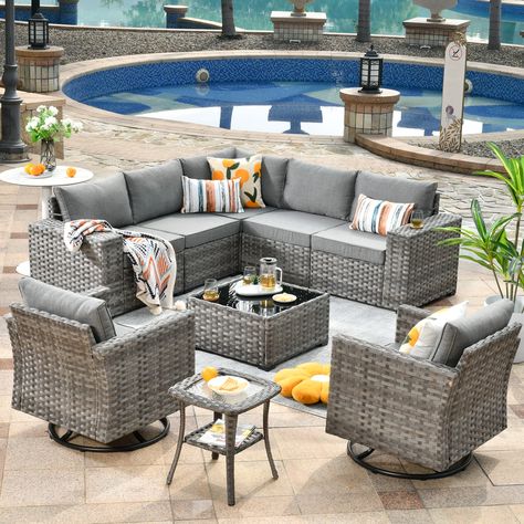 Conversation Couch, Grey Outdoor Furniture, Wicker Sofa Outdoor, Swivel Rocking Chair, Rocking Chair Set, Rattan Outdoor Furniture, Rattan Furniture Set, Relaxing Outdoors, Outdoor Patio Set