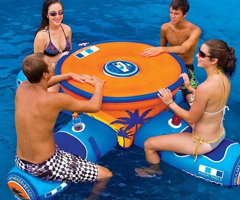 Turn any watering hole into an instant oasis with the floating aquatic table. This all inclusive structure comfortably sits up to four people and provides a sturdy table great for hosting aquatic picnics or playing drinking games while relaxing in the water. Inflatable Pool Toys, Lake Fun, Pool Floats, Inflatable Pool, Pool Toys, Water Toys, Cool Inventions, Lake Life, Cool Pools