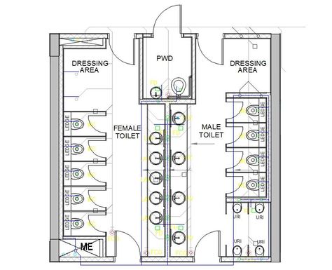 Public Toilet Plan With Sanitary Layout Plan - Cadbull Public Restroom Floor Plan, Best Public Toilet Design, Public Bathroom Floor Plan, Toilet Plumbing Layout Plan, Public Restroom Plan, Wc Plan Architecture, Public Wc Plan, Public Bathroom Layout, Public Toilet Design Architecture