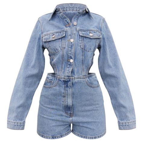 This Petite Light Blue Wash Denim Cut Out Romper Will Banish Any What-To-Wear Dilemmas. Brought To You In A Light Blue Denim Wash Material With A Cut-Out Design. Jean 2 Piece Set, Jean One Piece Outfit, Jean Jumper Outfit Denim, Denim Set Outfit, Jean Romper Outfit, Two Piece Denim Set, Summer Date Outfits, Jeans Romper, Denim Set