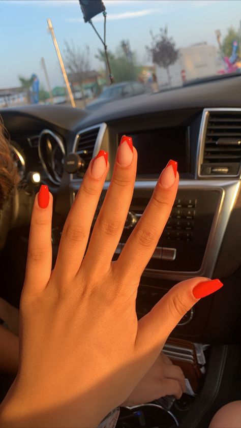 Red French Tip Hoco Nails, Short Square Acrylic Nails Red French Tip, Red Nail Coffin Design, Red French Tip Nails Square Design, Red Nail Medium Length, Red Homecoming Nail Ideas, Red Nails Ideas Homecoming, Acrylic Nails To Go With Red Dress, Nails That Look Good With Red Dress