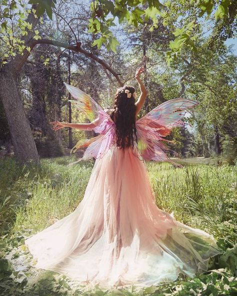 Pink Fairy Photoshoot, Fairy Flying Poses, Mermaid With Wings, Fairy Wings Aesthetic, Fae Queen, Magical Wings, Fantasy Photoshoot, Pink Photoshoot, Diy Fairy Wings