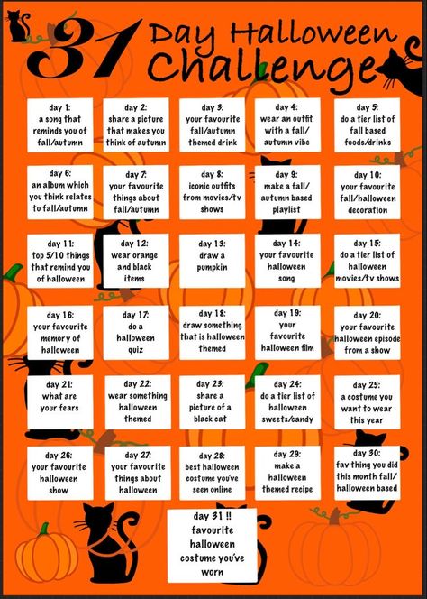 Halloween 30 Day Challenge, Daily October Activities, October Dress Up Days, Halloween Challenge 30 Day, 30 Day October Challenge, Things To Do Every Day Of October, October Walking Challenge, Things To Do On Halloween By Yourself, 31 Days Of October Challenge