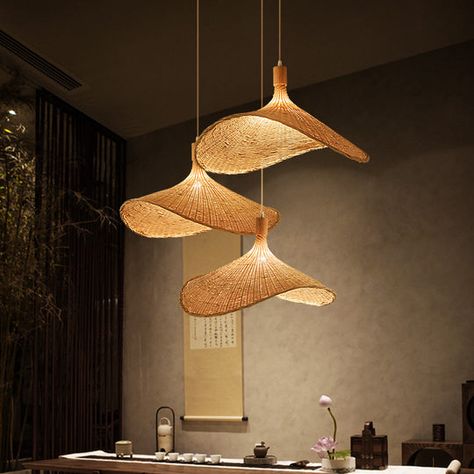 Bali Ceiling Design, Den Lighting Ideas, Tropical Pendant Light, Creative Lamp Design, Wabi Sabi Ceiling Light, Wabi Sabi Lighting Ceilings, Cane Pendant Light, Beachy Pendant Lights, Chandelier Japandi