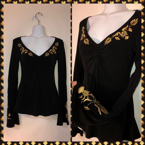 Nwt- I Wish The Details Would Show Up Better But This Top Is Insanely Stunning. It’s Long Bell Sleeves Gather At The Elbows Then Flair Out At The Wrist. There Is Elegant Embroidery In A Rich Gold That Accents This Shirt Perfectly. The Waist Has A Subtle Flair To Hide Any Stomach “Concerns” Madeleine, Whimsigoth Shirt, Bell Sleeve Top Outfit, Thrifting Manifestation, Classy Tops, Flared Shirt, Black Bell Sleeve Top, Flare Shirt, Bell Sleeve Shirt