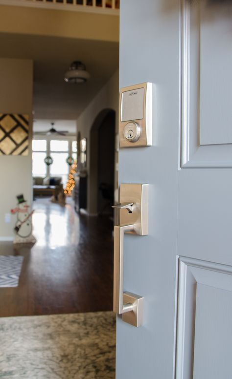 Installing a keyless lock for the front door was easier than we expected! It adds security to the front door in several different ways! Keyless Entry Front Door, Dream Foyer, Front Door Lock Set, Polished Habitat, Diy Security System, House Entry, Hidden Safe, Hood Canal, Home Security Camera Systems