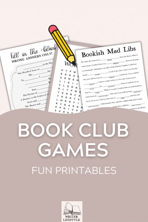 If you're in a book club, you'll love these printable book club games. Find mad libs, word search games and other printable party games for book lovers at Writer Lifestyle on Etsy. Book Club Party Games, Book Games Adults, Fun Book Club Activities, Games For Book Club, Book Themed Party Games, Book Themed Games, Book Club Activities For Women, Book Club Ideas Hosting Games, Book Club Hosting Ideas