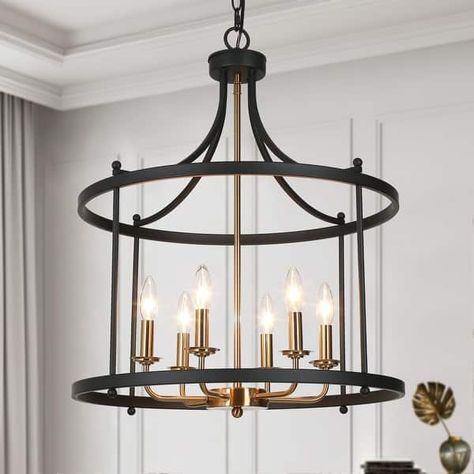 Modern 6-Light Drum Chandelier Black Gold Lantern Pendant Light for Dining Room Foyer - 21.5"D*27"H - On Sale - Bed Bath & Beyond - 37012738 Modern Farmhouse Entryway Lighting, Entry Way Light Fixtures, Black And Brass Chandelier, Black And Gold Chandelier, Lantern Light Fixture, Modern Farmhouse Entryway, Candlestick Lamp, Indoor Lanterns, Entryway Chandelier