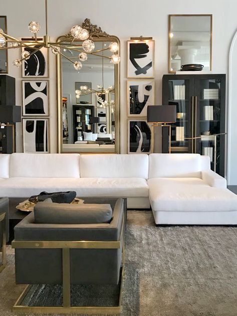 Chrome And Gold Living Room, Restoration Hardware 2022, Gold Hardware Living Room, Black And Gold House Interior Design, Black White Gold House Decor, Gold And Silver Interior Design, Black Gray Gold Cream Living Room, Ivory Black And Gold Living Room, Luxe Glam Living Room