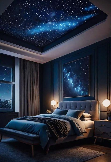 32 Enchanting and Moody Bedroom Inspirations Black And Dark Blue Bedroom, Dusk Bedroom Aesthetic, Storm Bedroom Ideas, Bedroom Design Blue Wall, Color Palette Bedroom Blue, Dark Spiritual Room Aesthetic, Dark Moody Master Suite, Navy Blue Bedroom Walls Room Ideas, Grey Blue Room Aesthetic