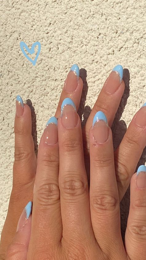 ✨✨ Light Blue And Silver Nails Almond, Nails Acrylic Ideas Almond, Nails For Croatia, French Coquette Nails, Preppy Nails Acrylic Almond, Preppy Summer Nail Ideas, Prom Nails Acrylic Light Blue, Light Blue Prom Dress Nails, Short Almond French Tip Nail Design