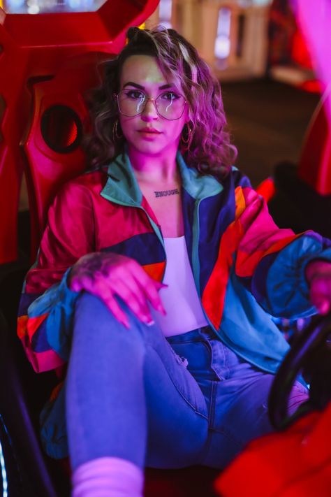 80s Arcade Photoshoot, 90s Arcade Aesthetic Outfit, Arcade Game Photoshoot, Comic Book Store Photoshoot, Arcade Photoshoot Outfit, Tie Dye Photoshoot, 80s Theme Photoshoot, 80s Themed Photoshoot, Streamer Photoshoot