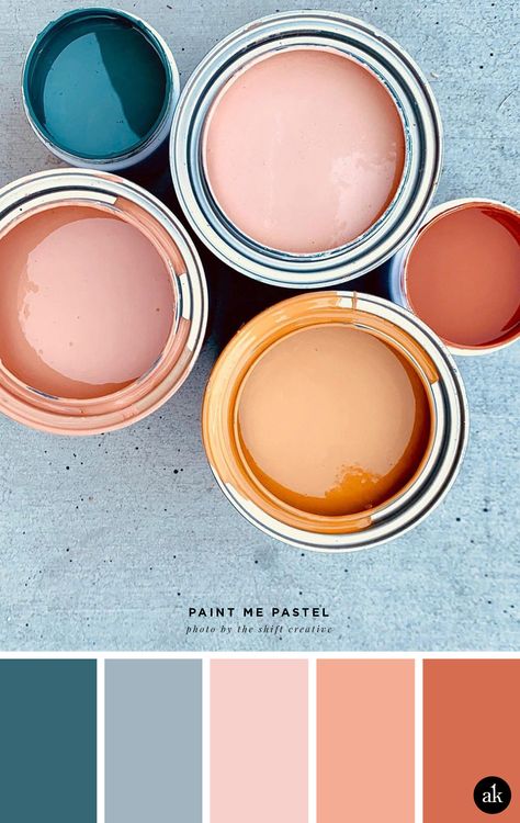 a pastel-paint-inspired color palette // blush, salmon (pink), orange, indigo blue // photo by Shift Creative Wall Paint Pallet Color Palettes, Colour Palette Decor, Colours That Go With Peach, Beach Color Palette Living Room, Pink Peach Teal Color Palette, Color Pallets Gray, Blush Pink Pallete Color Schemes, Navy Salmon Color Palette, Peach And Gray Bathroom