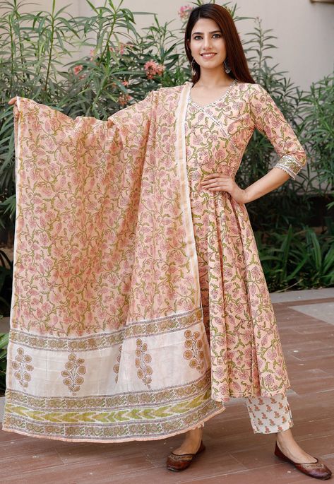 Cotton Pakistani Suit in Peach This Readymade attire is Enhanced with Floral Print and Gota Lace Work and is Crafted in Sweetheart Neck and Quarter Sleeve Available with a Cotton Pant in Cream and a Cotton Dupatta in Peach The Kameez and Bottom Lengths are 45 and 39 inches respectively Do note: Accessories shown in the image are for presentation purposes only and length may vary upto 2 inches.(Slight variation in actual color vs. image is possible). Anarkali Kurta Set, Chanderi Anarkali, Cotton Anarkali Kurta, Vs Image, Angrakha Style, Cotton Anarkali, Pakistani Suit, Back Neck Designs, Anarkali Kurta