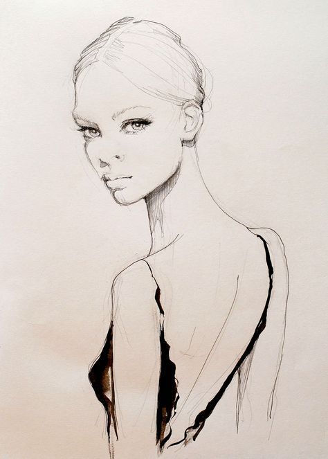 Beautiful fashion illustration - dress back, fashion drawing; fashion sketch // Kasia Rei Croquis, Fashion Illustration Sketches Face, Fashion Illustration Face, Fashion Drawing Sketches, Woman Sketch, Fashion Illustration Sketches Dresses, Face Illustration, Fashion Sketches Dresses, Face Sketch