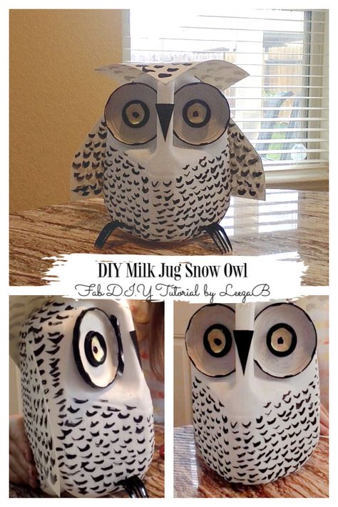 How To Make Recycled Milk Jug Snow Owl  - DIY Tutorials Milk Jug Lanterns Diy, Milk Jug Elephant, Milk Jug Farm Animals, Milk Bottle Lanterns, Igloo Out Of Milk Jugs, Owl Diy Decorations, Diy Milk Jug Crafts, Milk Jug Animals, How To Make An Owl Out Of Paper